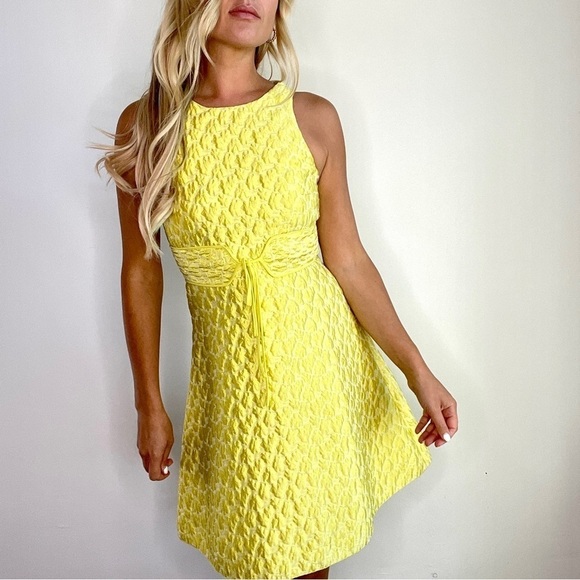 Giambi Yellow Jacquard A Line Dress with Built in Belt - Picture 1 of 15